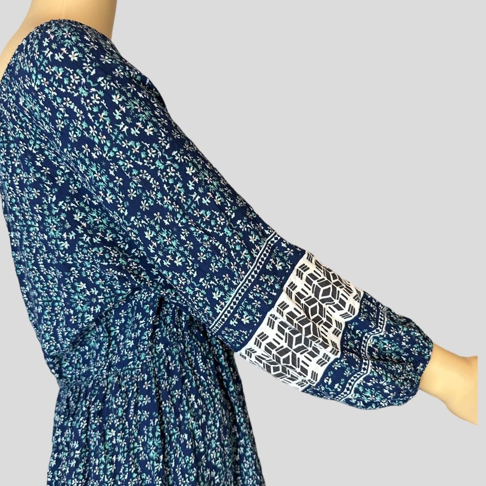 Addie Bohemian Mini Dress Medium Blue Green Floral 3/4 Sleeves Elastic Waist - Picture 6 of 13